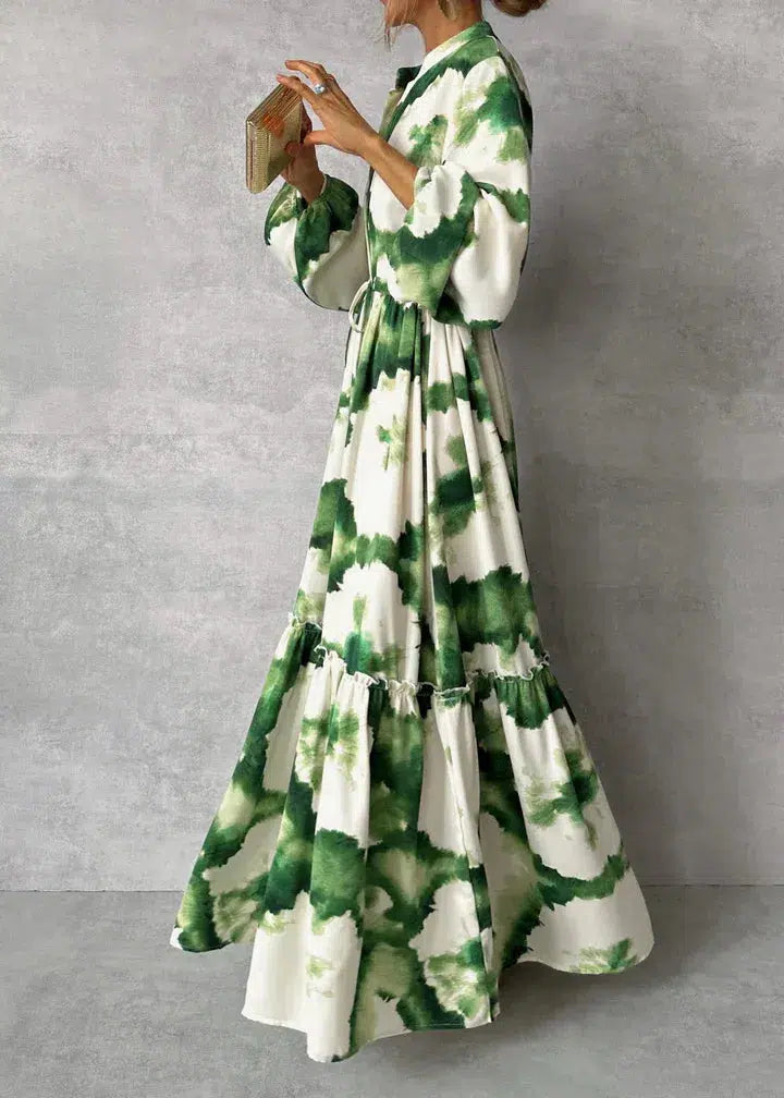 green and white maxi dress with sleeves Metallic Stripe Linen Three Quarter Sleeve Maxi Shirt Dress - Green/White